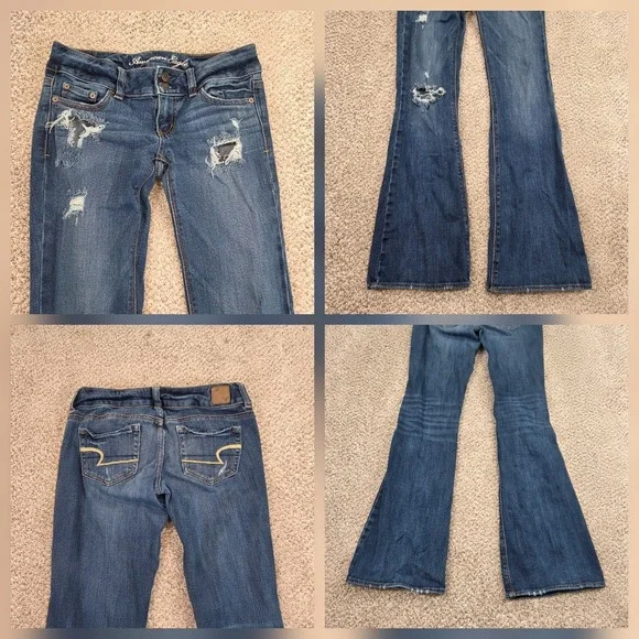 American Eagle Artist Flare Denim Jeans Low Rise Double Button 4 REG Distressed - Picture 4 of 7
